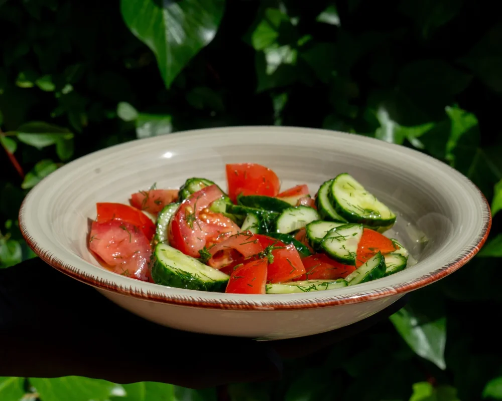 Ensalada de temporada (pepino, tomate, eneldo, aceite aromático)